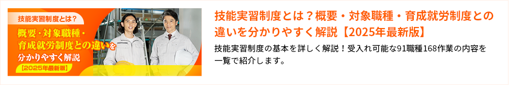 技能実習制度とは？概要・対象職種・育成就労制度との違いを分かりやすく解説【2025年最新版】 技能実習制度の基本を詳しく解説！受入れ可能な91職種168作業の内容を一覧で紹介します。