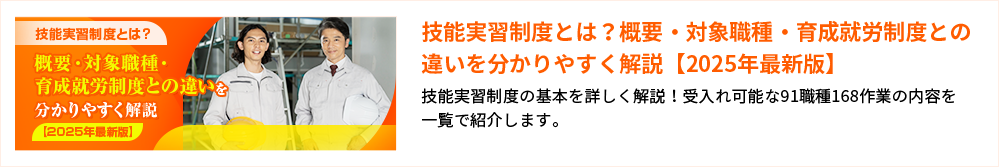 技能実習制度とは？概要・対象職種・育成就労制度との違いを分かりやすく解説【2025年最新版】 技能実習制度の基本を詳しく解説！受入れ可能な91職種168作業の内容を一覧で紹介します。